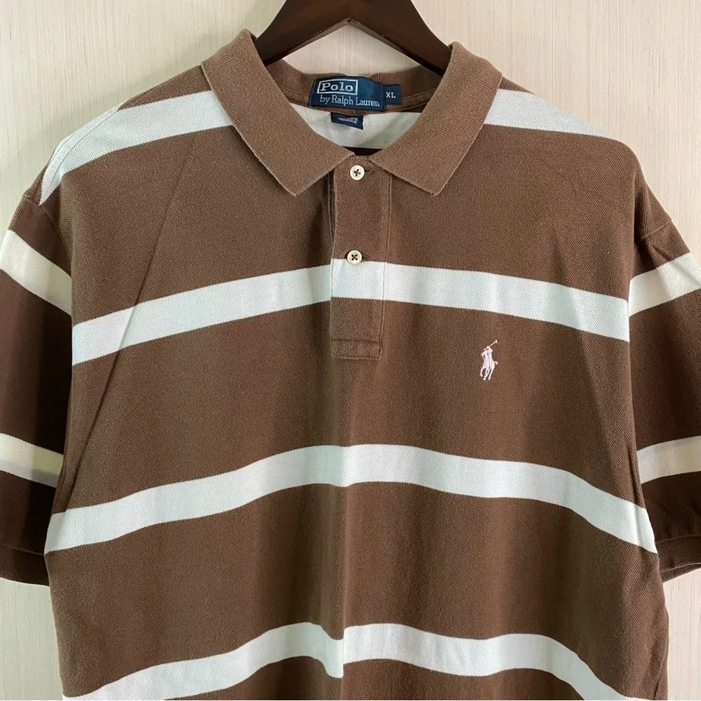 Polo Ralph Lauren Short Sleeve Brown Striped Polo Shirt Pink Pony XL (FLAW)